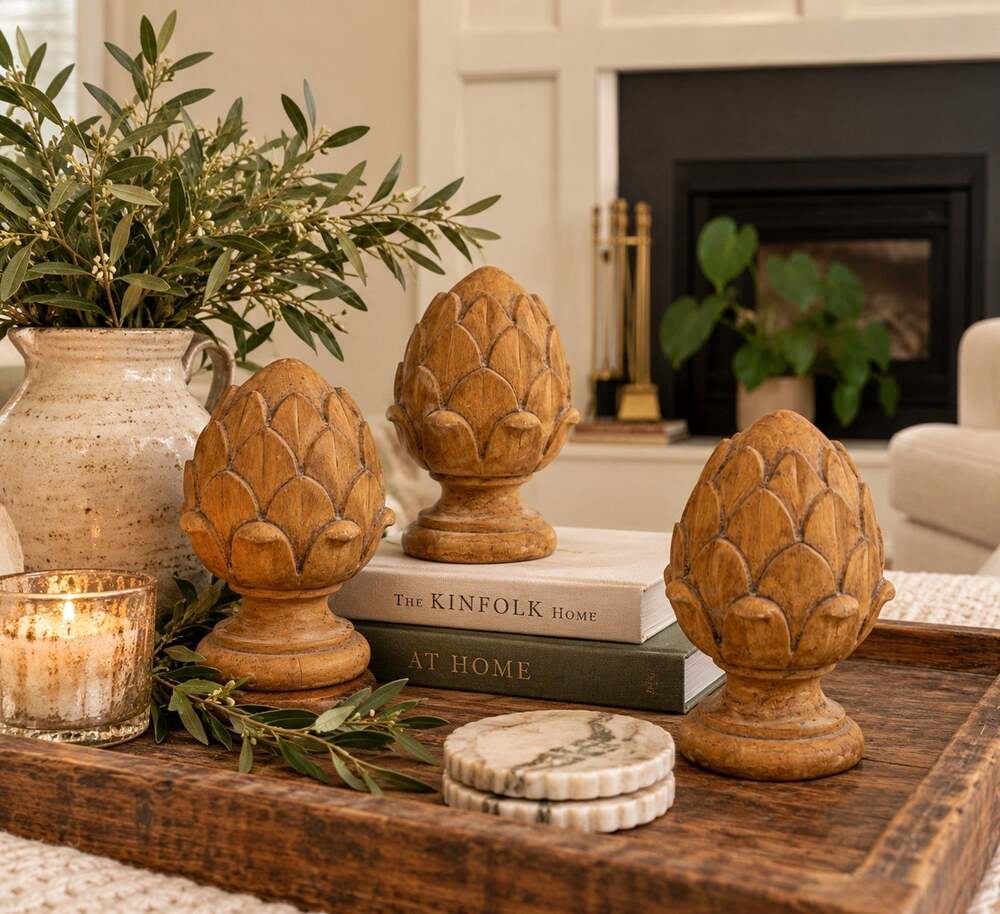 Hand Carved Vtg Wood Artichoke pinecone Finial post Sculpture Decor railing